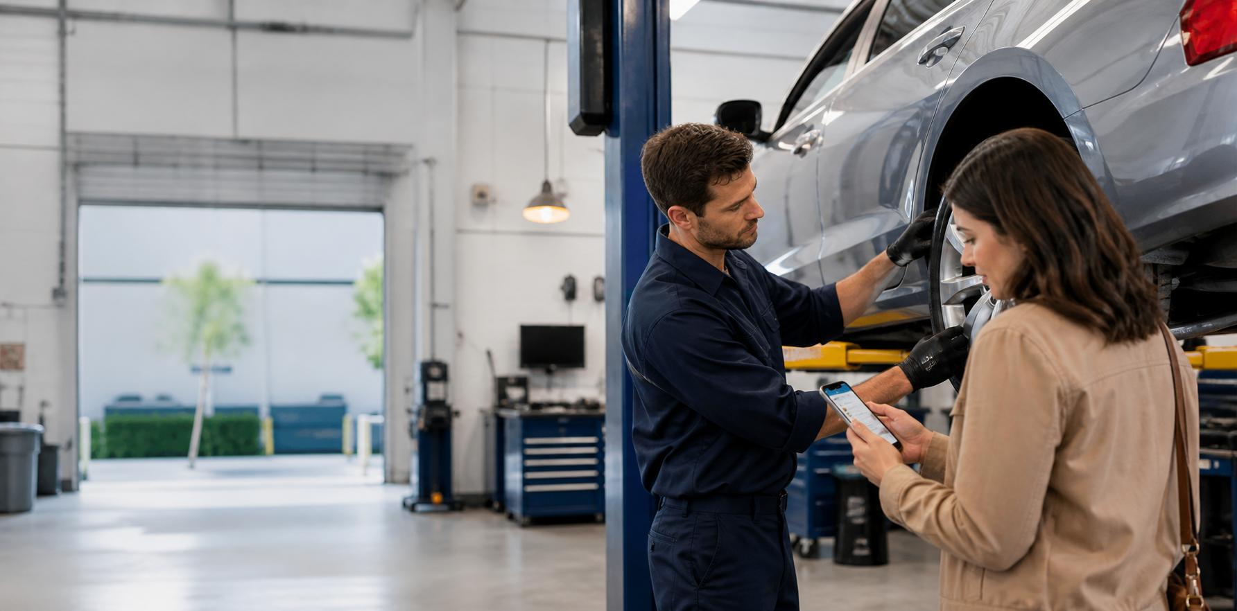 Mechanic inspecting a car while a customer reviews repair estimate options